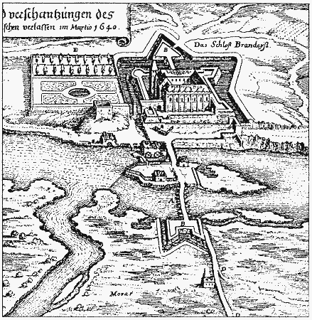 zmek s vdskm opevnnm v roce 1640 (rytina z Merianovy Topografie)