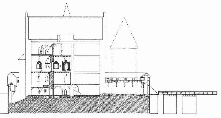 celkový pohled od severu včetně řezu palácem